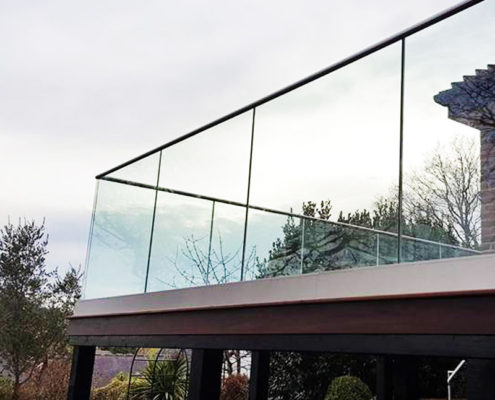 Frameless glass balustrade system installed on Decking for a client in Mayfield, East Sussex.