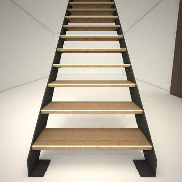 Staircase with metal plate stringers and oak treads